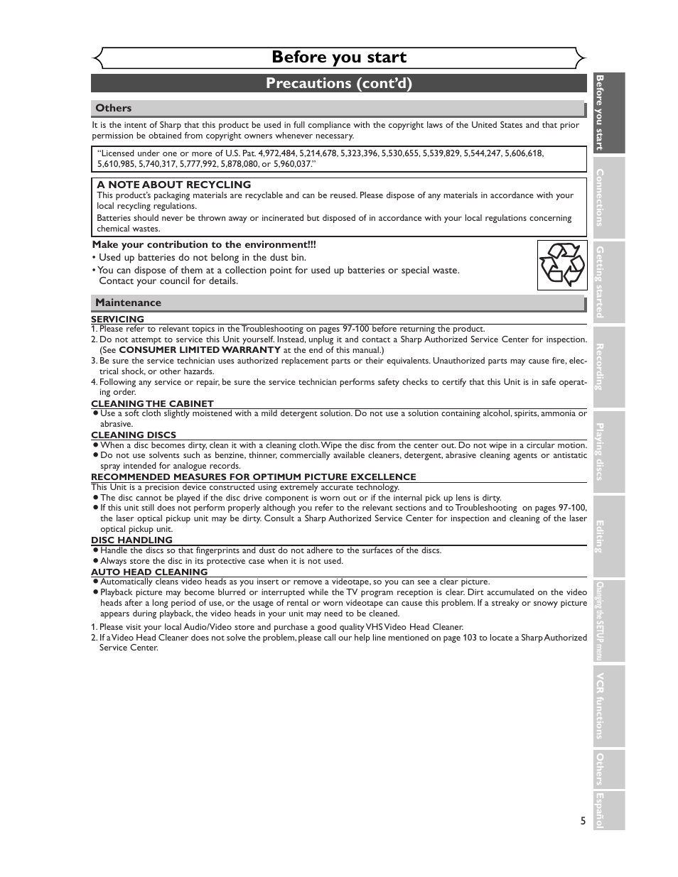 Before you start, Precautions (cont’d) | Sharp DV-RW350U User Manual | Page 5 / 112