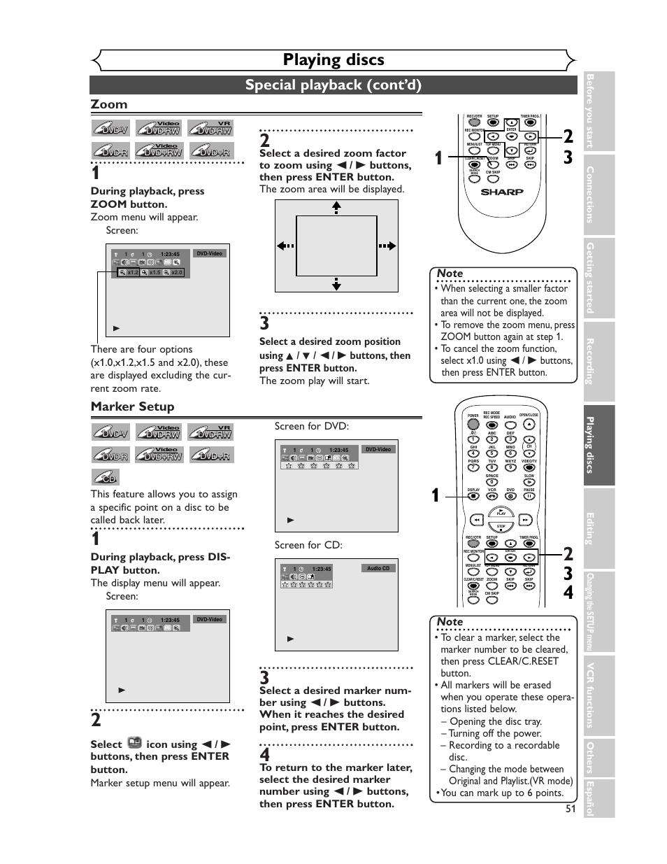 Playing discs, Special playback (cont’d), Zoom | Marker setup | Sharp DV-RW350U User Manual | Page 51 / 112