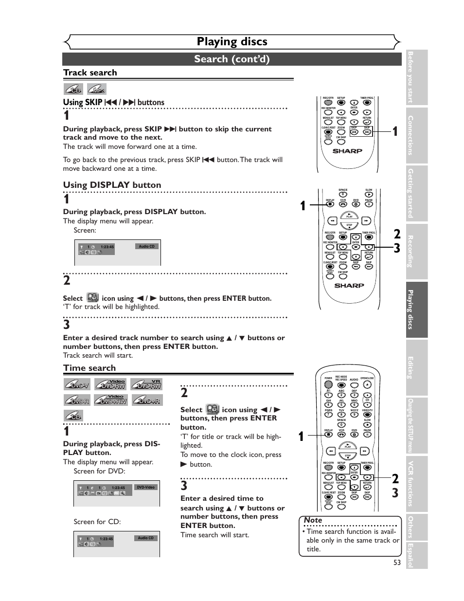 Playing discs, Search (cont’d), Track search using skip h / g buttons | Using display button, Time search | Sharp DV-RW350U User Manual | Page 53 / 112