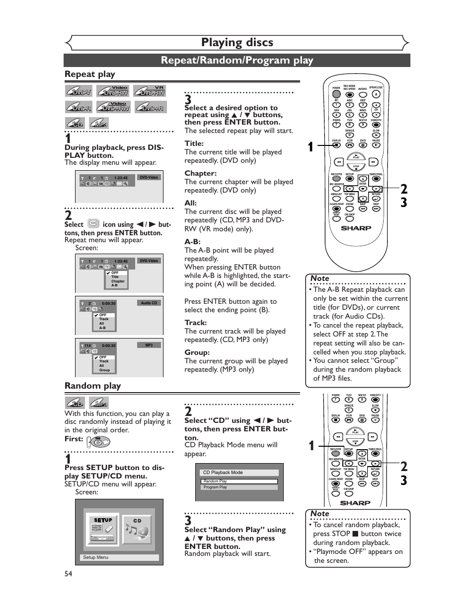 Playing discs, Repeat/random/program play, Repeat play | Random play | Sharp DV-RW350U User Manual | Page 54 / 112