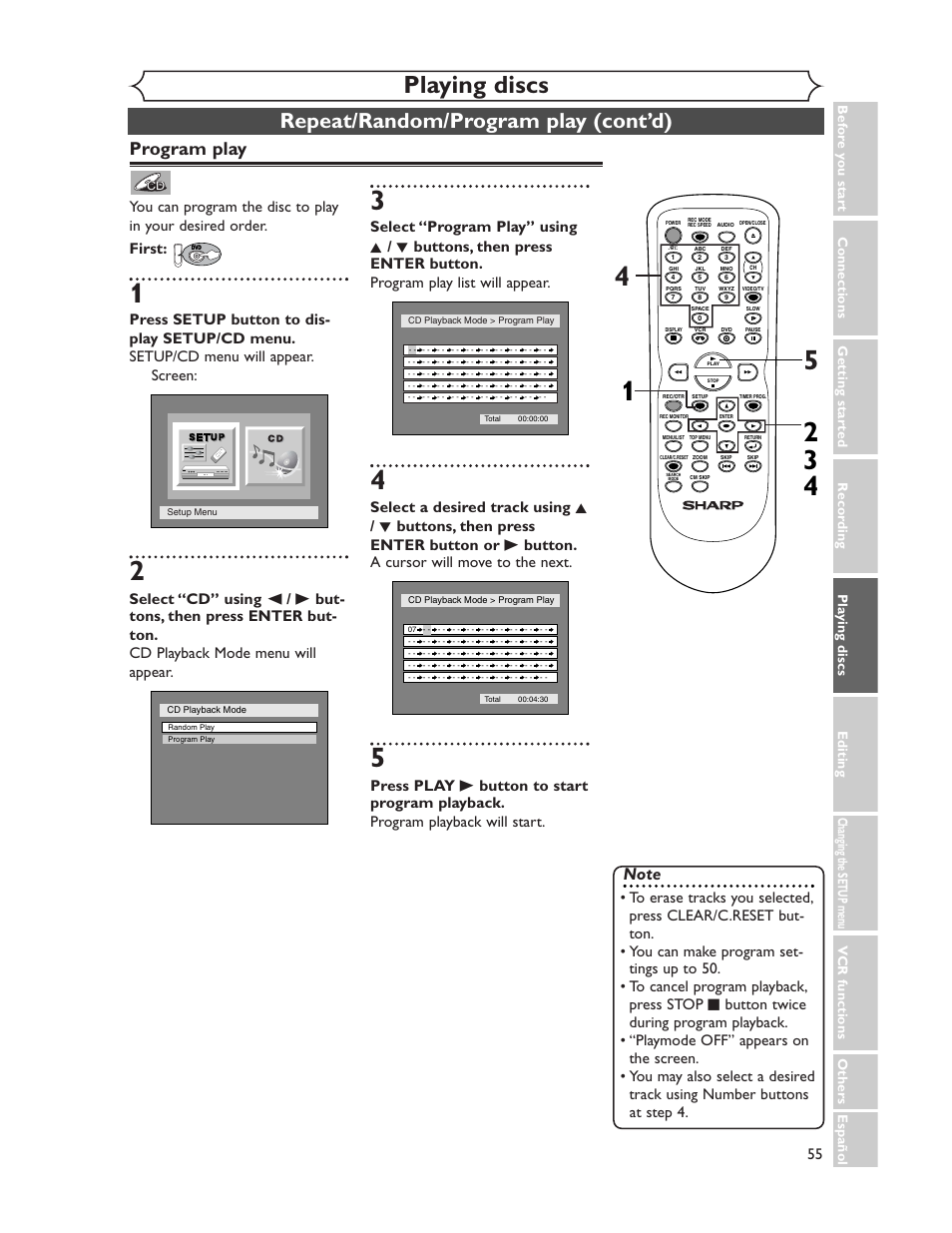 Playing discs, Repeat/random/program play (cont’d), Program play | Sharp DV-RW350U User Manual | Page 55 / 112