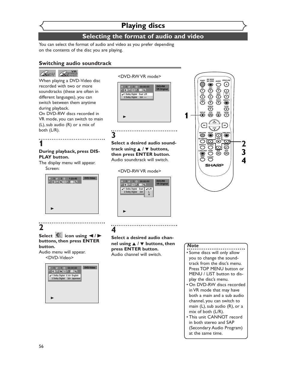 Playing discs, Selecting the format of audio and video, Switching audio soundtrack | Sharp DV-RW350U User Manual | Page 56 / 112