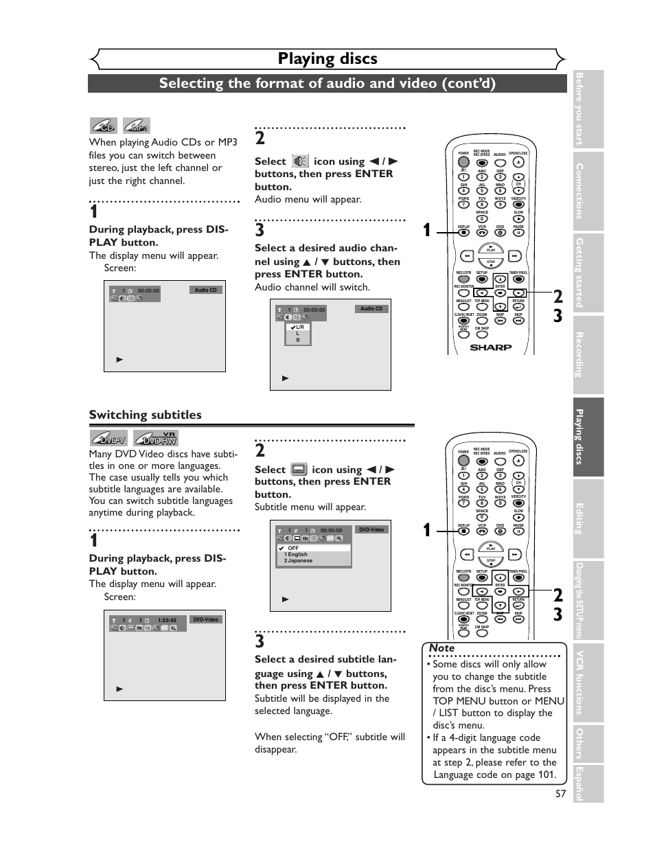 Playing discs, Selecting the format of audio and video (cont’d), Switching subtitles | Sharp DV-RW350U User Manual | Page 57 / 112