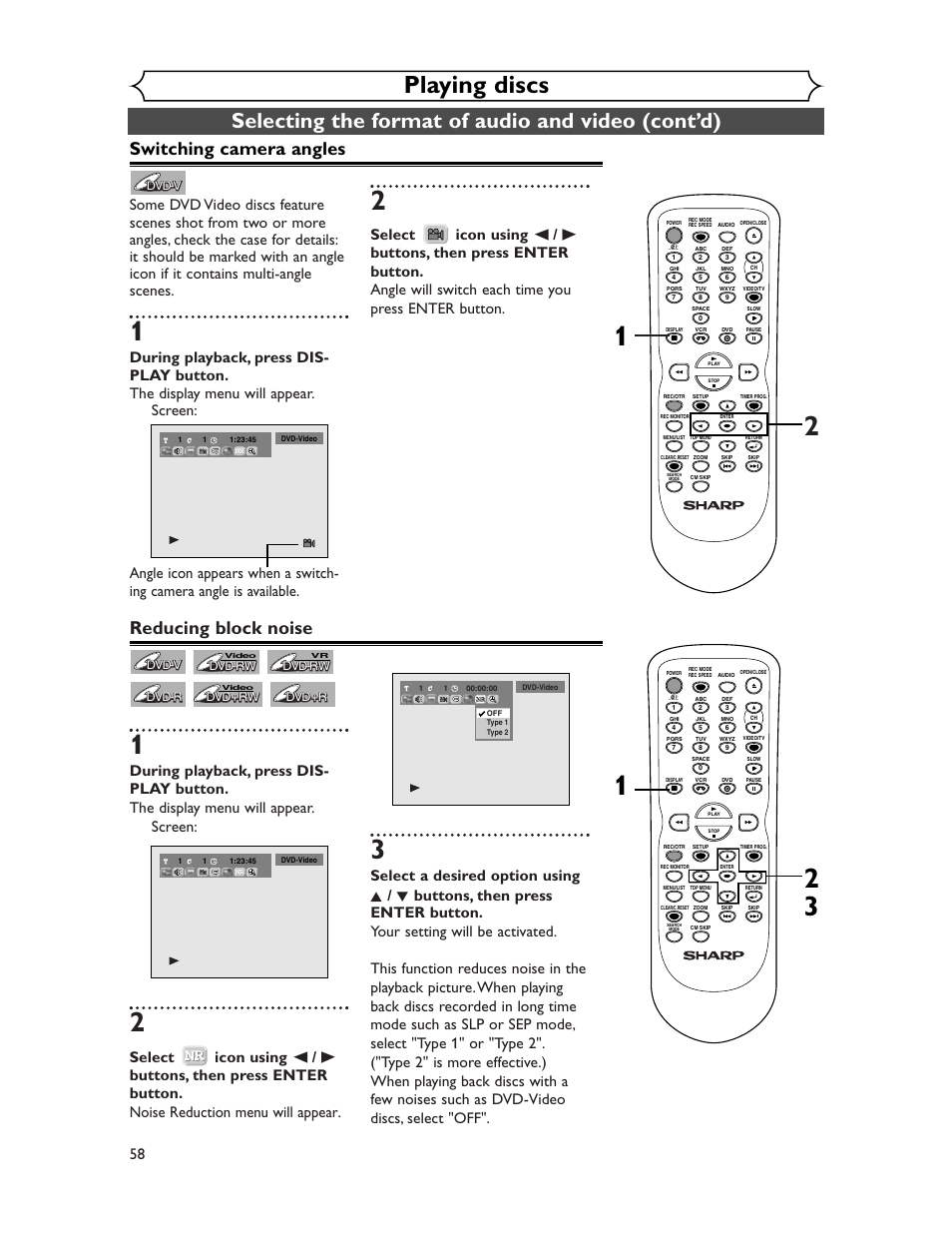 Playing discs, Selecting the format of audio and video (cont’d), Switching camera angles | Reducing block noise | Sharp DV-RW350U User Manual | Page 58 / 112