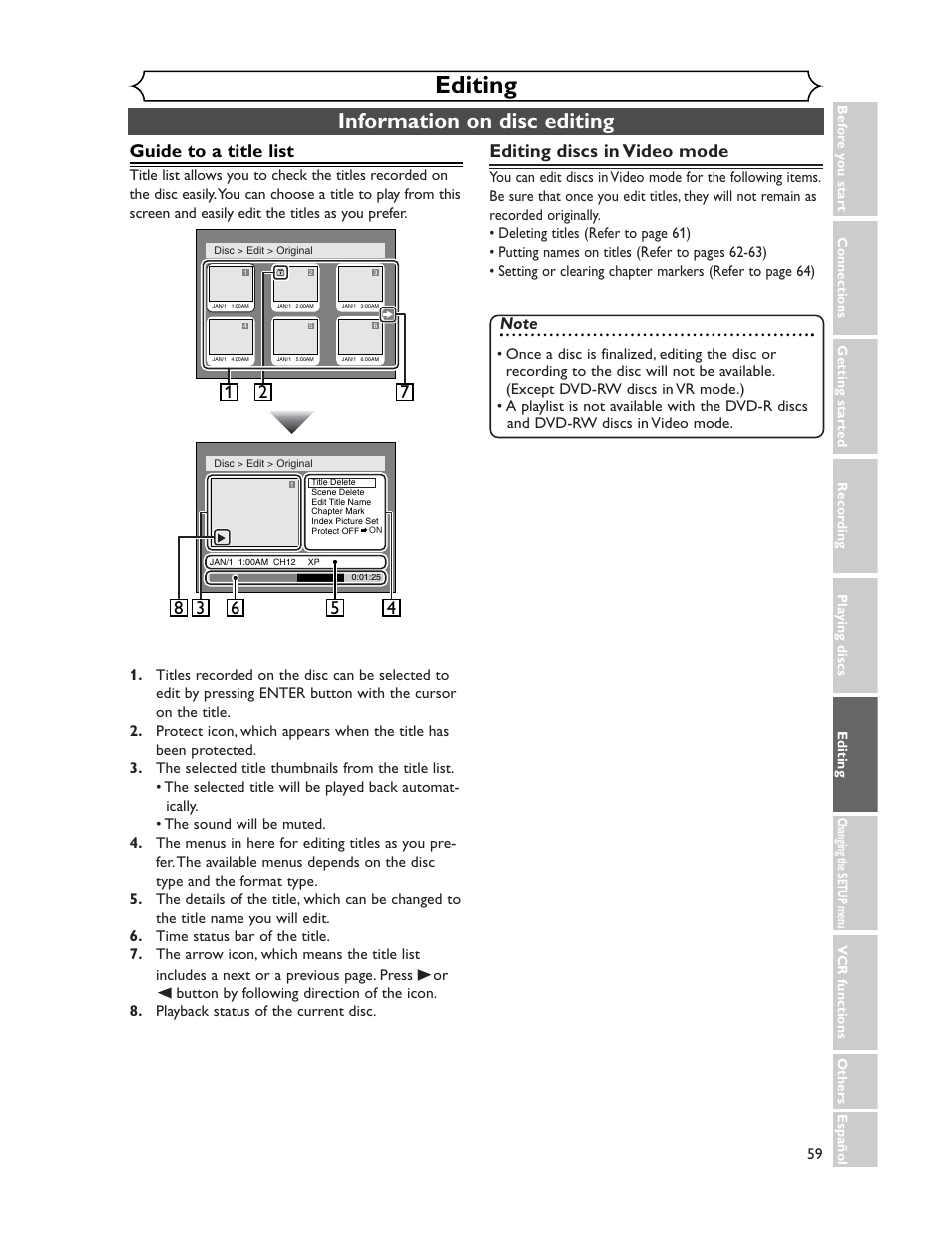 Editing, Information on disc editing, Guide to a title list | Editing discs in video mode | Sharp DV-RW350U User Manual | Page 59 / 112