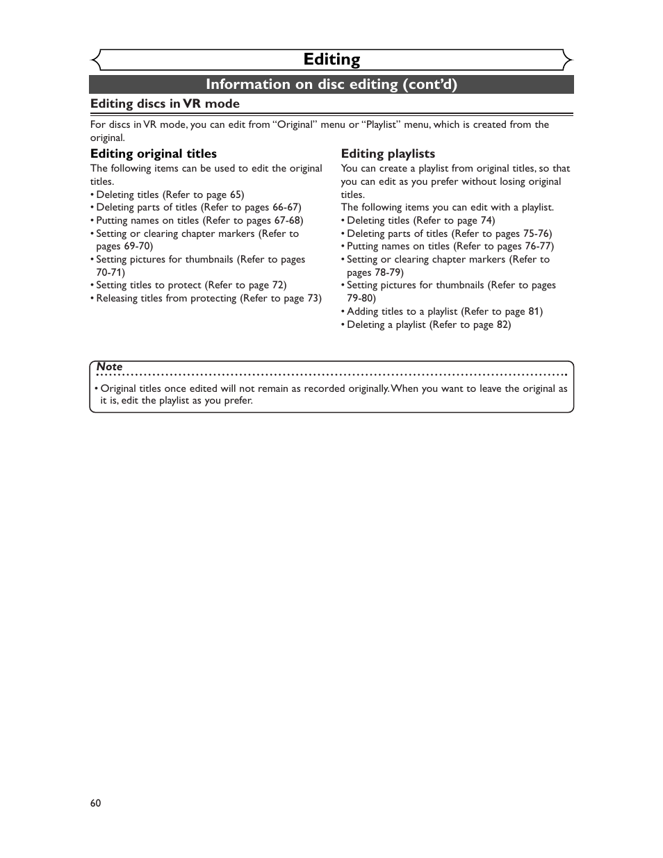 Editing, Information on disc editing (cont’d) | Sharp DV-RW350U User Manual | Page 60 / 112