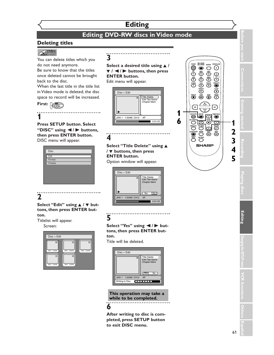 Editing, Editing dvd-rw discs in video mode, Deleting titles | Sharp DV-RW350U User Manual | Page 61 / 112