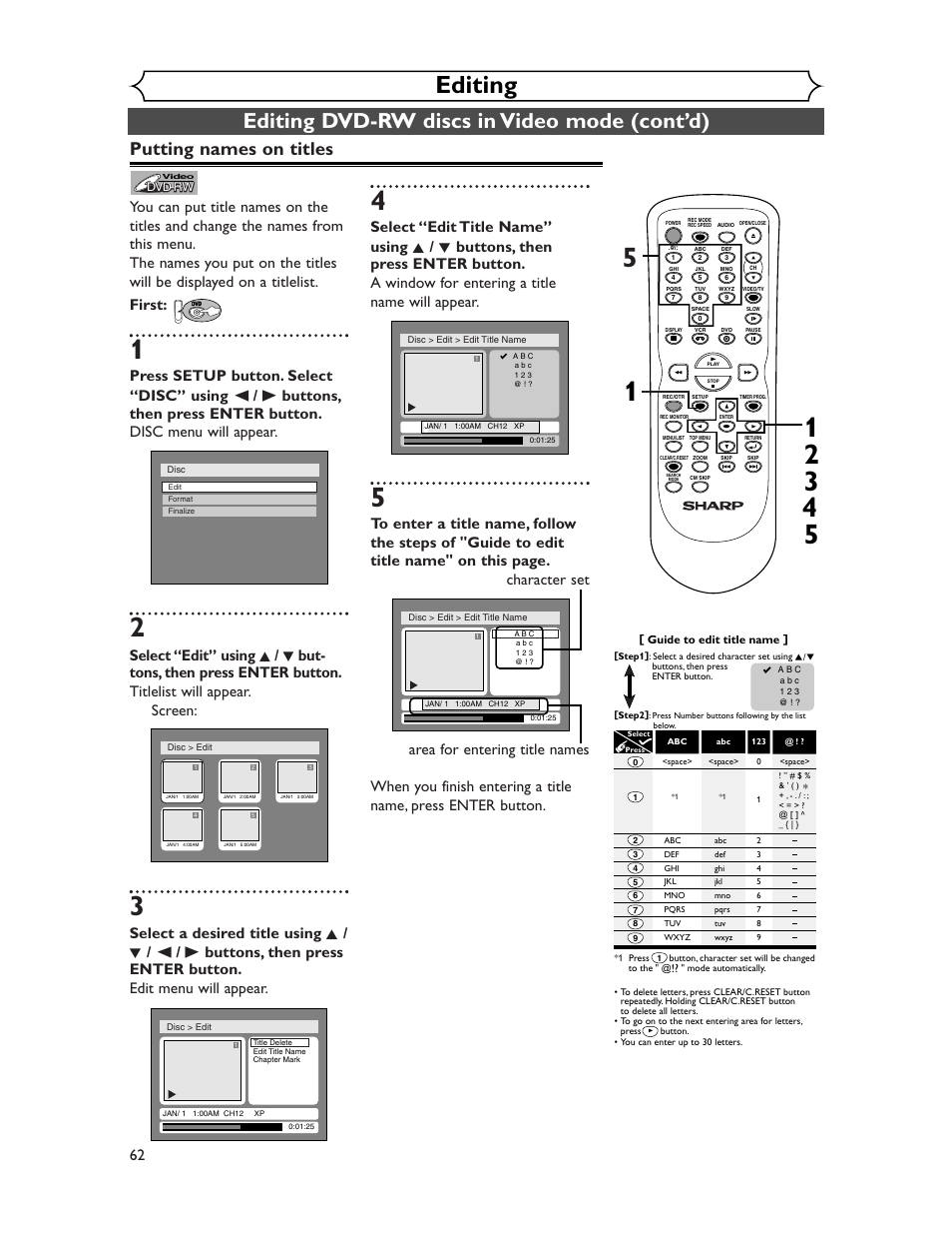 Editing, Editing dvd-rw discs in video mode (cont’d), Putting names on titles | Sharp DV-RW350U User Manual | Page 62 / 112