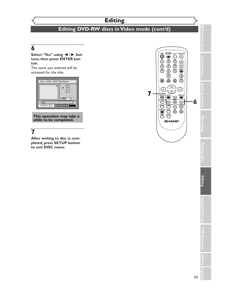 Editing, Editing dvd-rw discs in video mode (cont’d) | Sharp DV-RW350U User Manual | Page 63 / 112