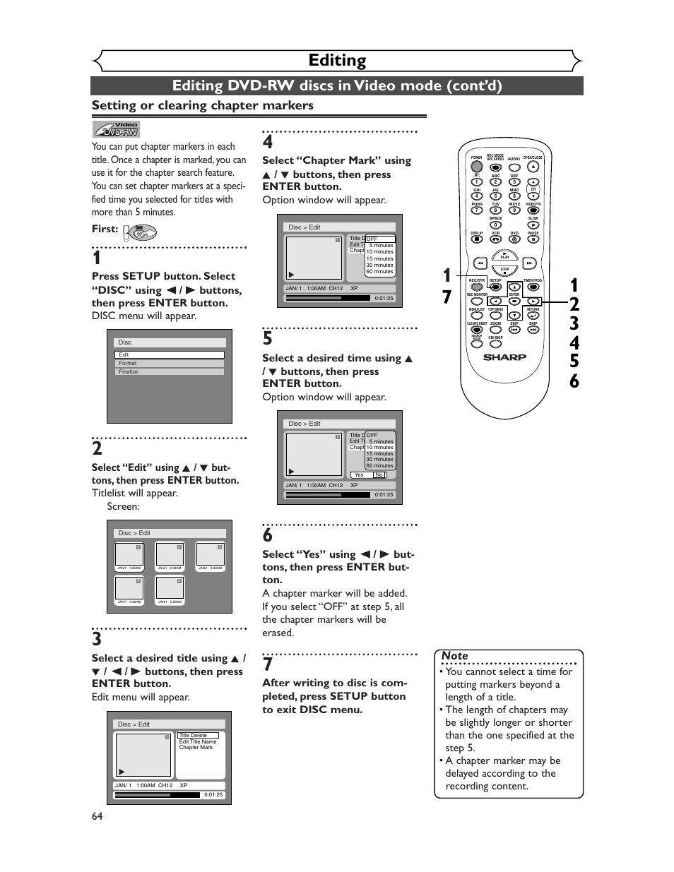 Editing, Editing dvd-rw discs in video mode (cont’d), Setting or clearing chapter markers | Sharp DV-RW350U User Manual | Page 64 / 112