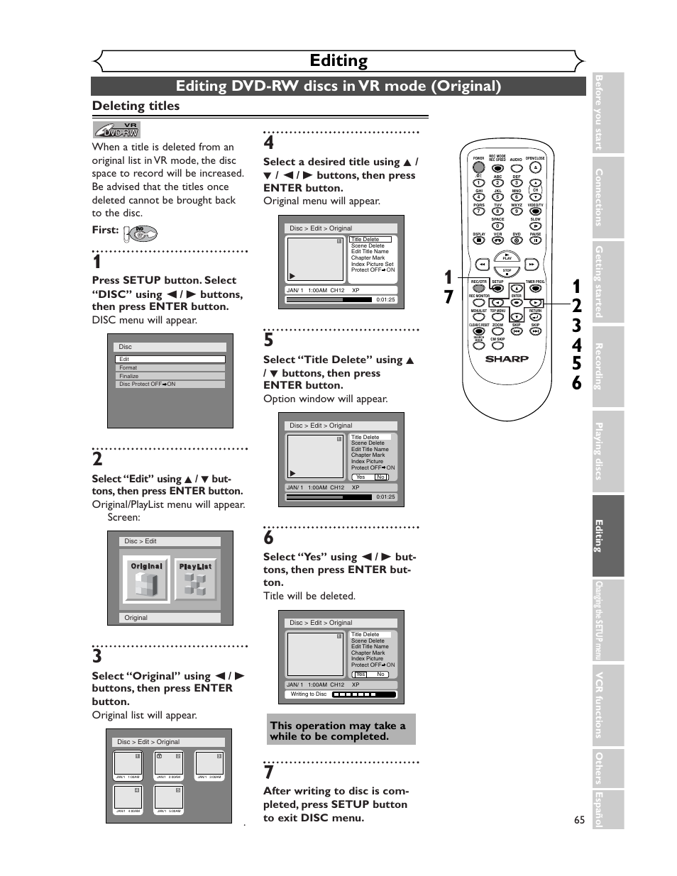 Editing, Editing dvd-rw discs in vr mode (original), Deleting titles | Sharp DV-RW350U User Manual | Page 65 / 112