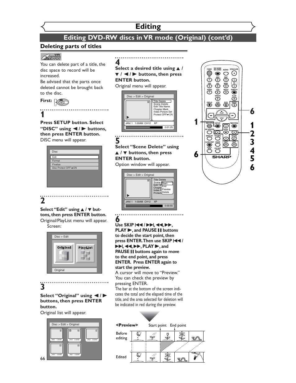 Editing, Deleting parts of titles, Preview | Sharp DV-RW350U User Manual | Page 66 / 112