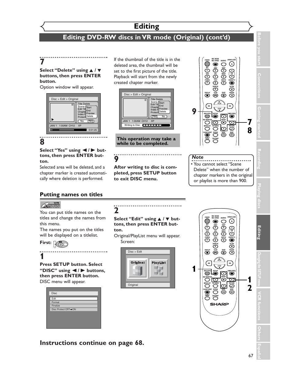 Editing, Instructions continue on page 68, Putting names on titles | Sharp DV-RW350U User Manual | Page 67 / 112