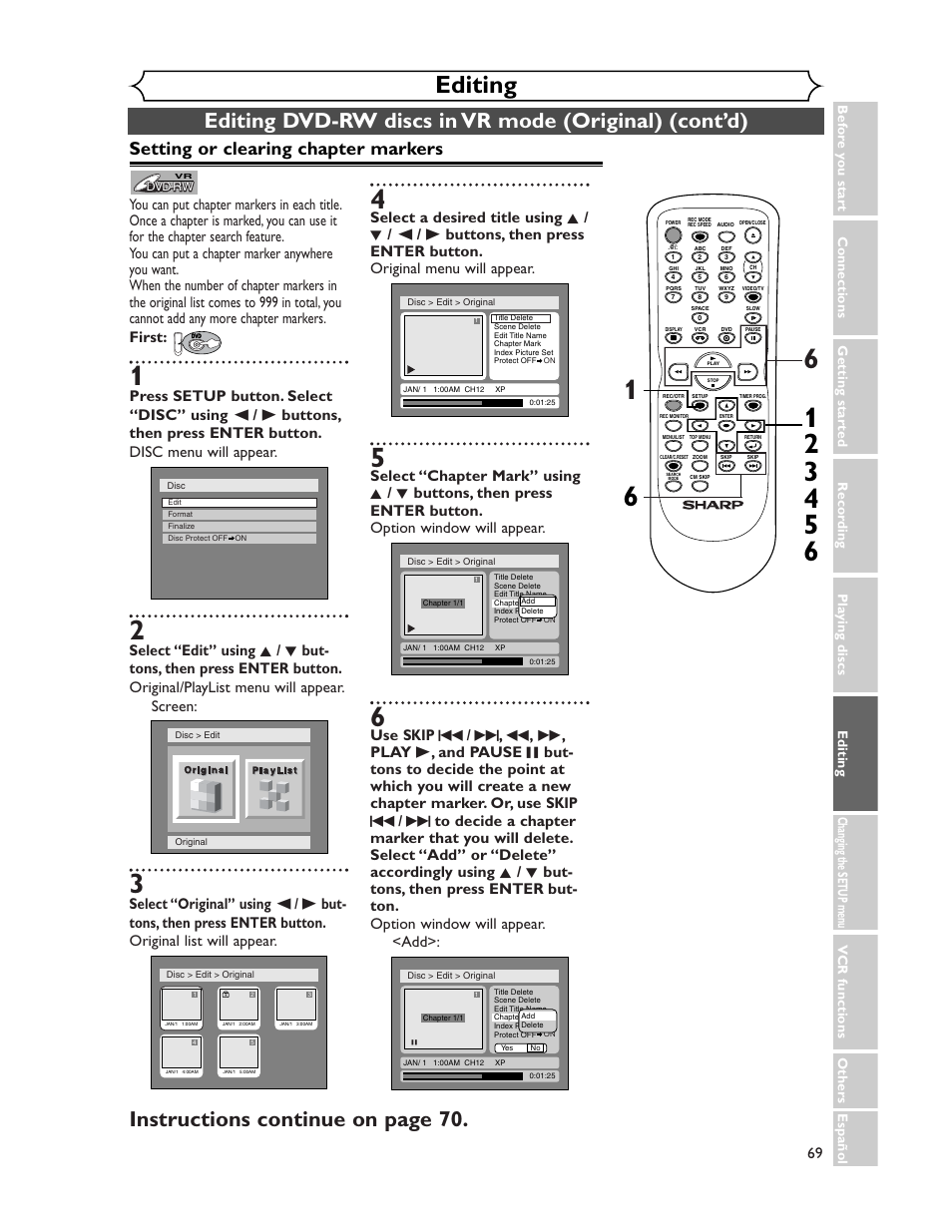 Editing, Instructions continue on page 70, Setting or clearing chapter markers | Sharp DV-RW350U User Manual | Page 69 / 112