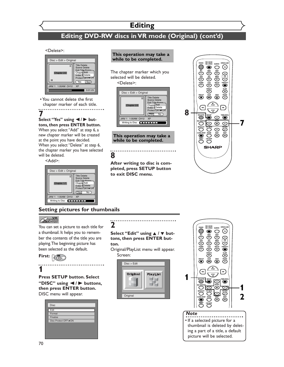 Editing, Setting pictures for thumbnails, This operation may take a while to be completed | Sharp DV-RW350U User Manual | Page 70 / 112