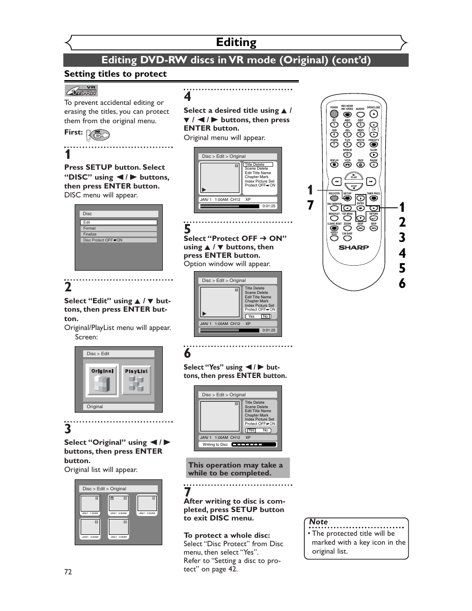 Editing, Setting titles to protect | Sharp DV-RW350U User Manual | Page 72 / 112