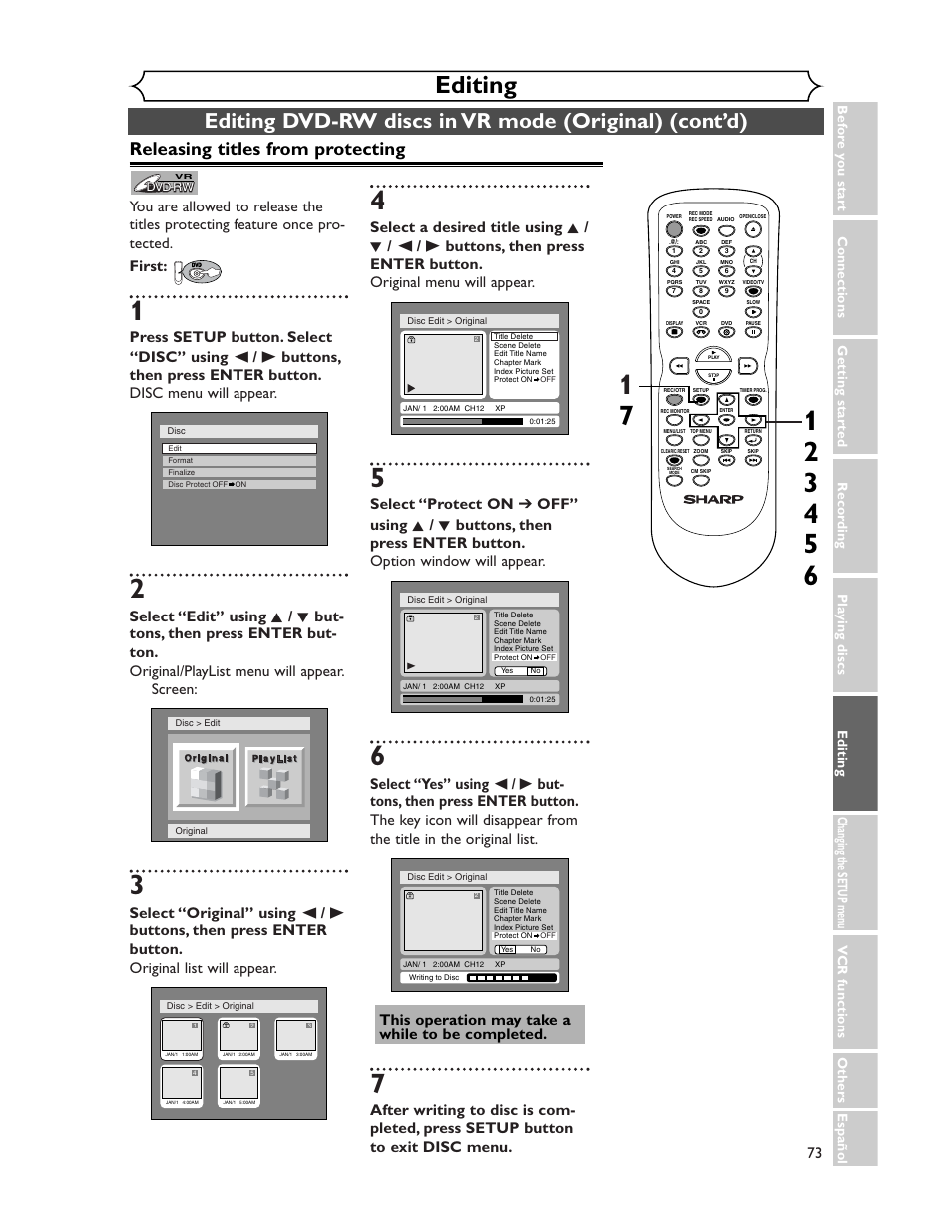 Editing, Releasing titles from protecting | Sharp DV-RW350U User Manual | Page 73 / 112