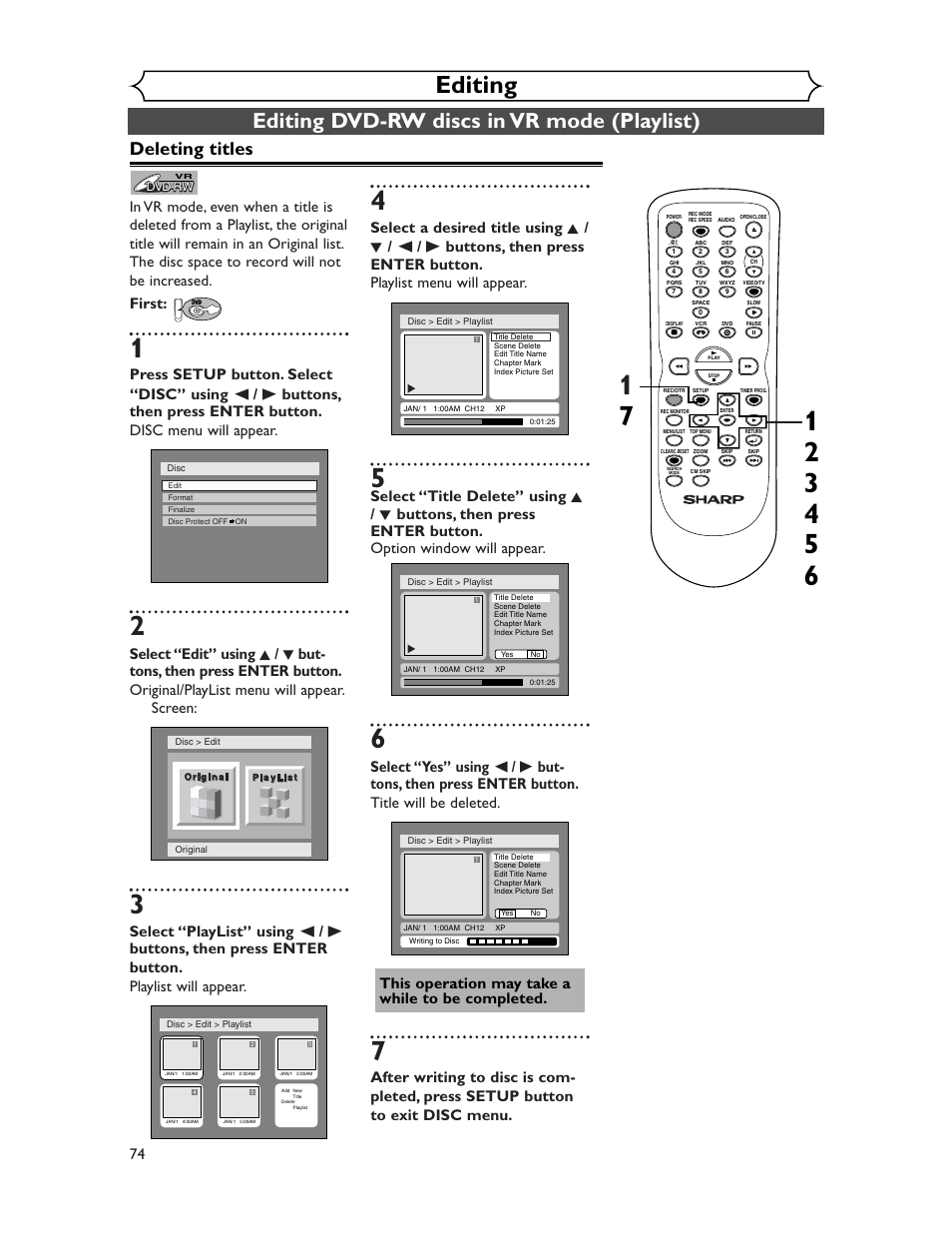 Editing, Editing dvd-rw discs in vr mode (playlist), Deleting titles | Sharp DV-RW350U User Manual | Page 74 / 112