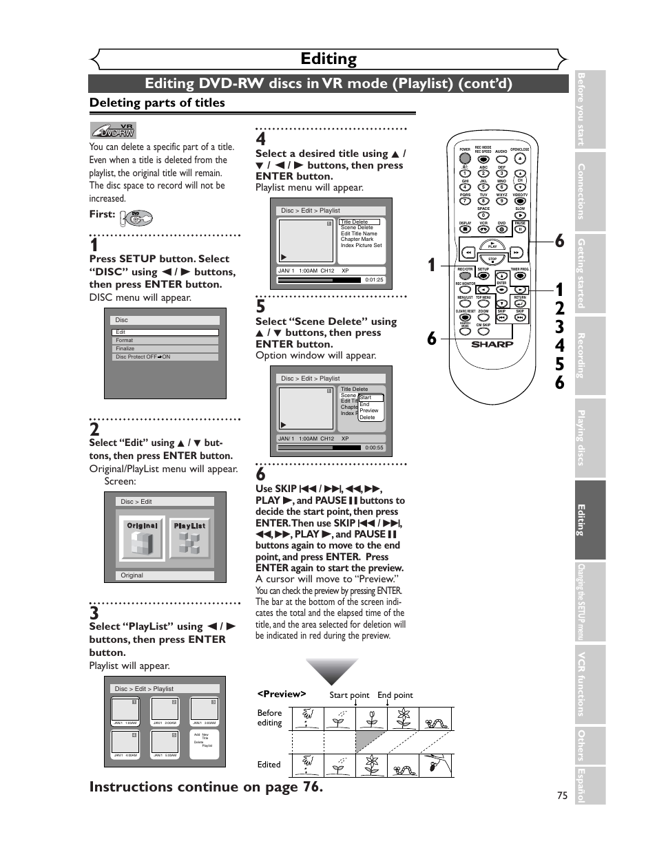 Editing, Instructions continue on page 76, Deleting parts of titles | Sharp DV-RW350U User Manual | Page 75 / 112