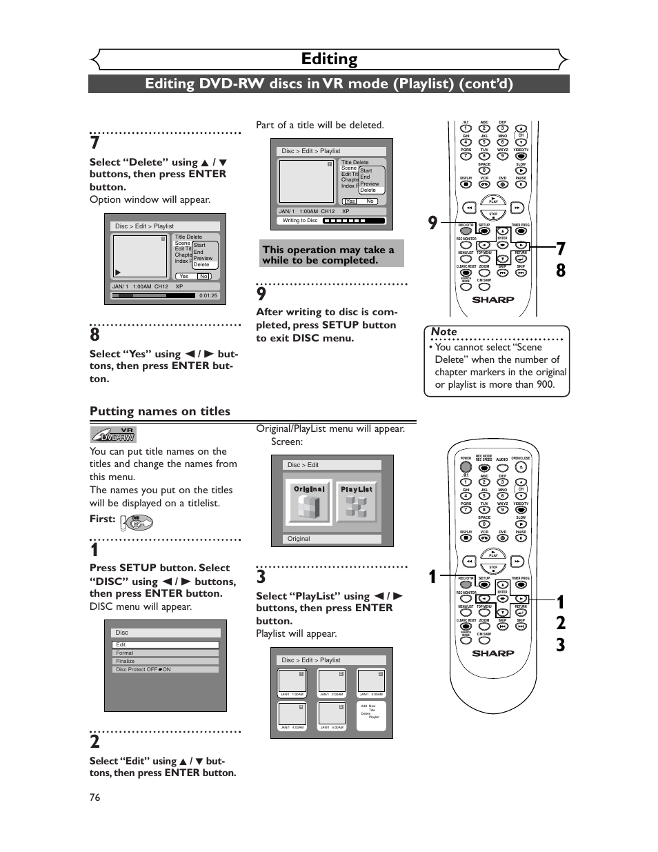 Editing, Putting names on titles | Sharp DV-RW350U User Manual | Page 76 / 112