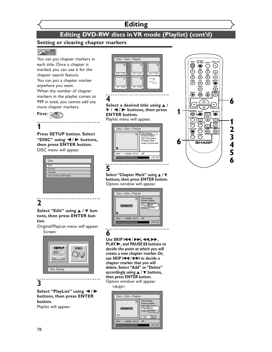 Editing, Setting or clearing chapter markers | Sharp DV-RW350U User Manual | Page 78 / 112