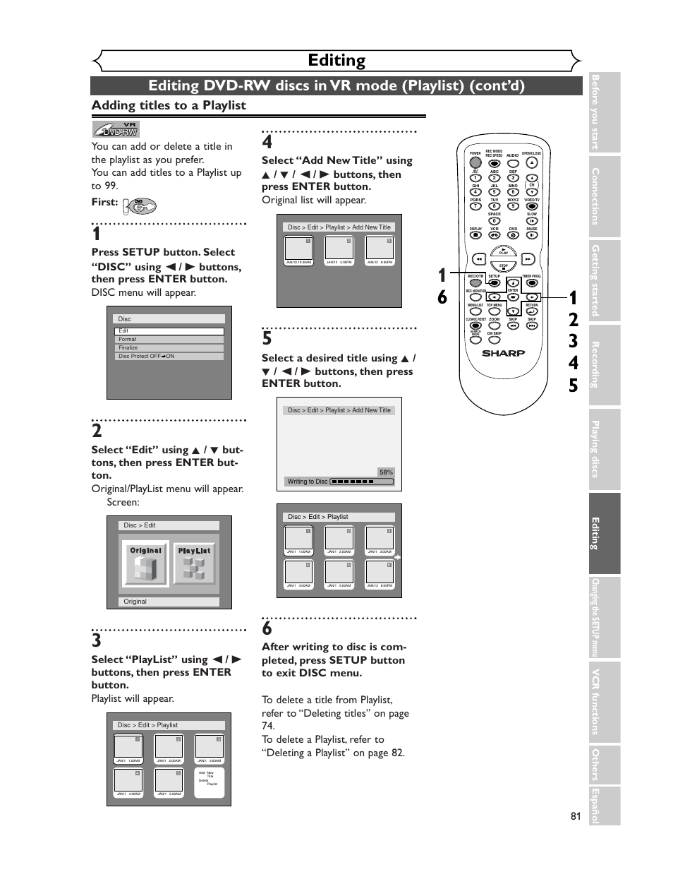 Editing, Adding titles to a playlist | Sharp DV-RW350U User Manual | Page 81 / 112