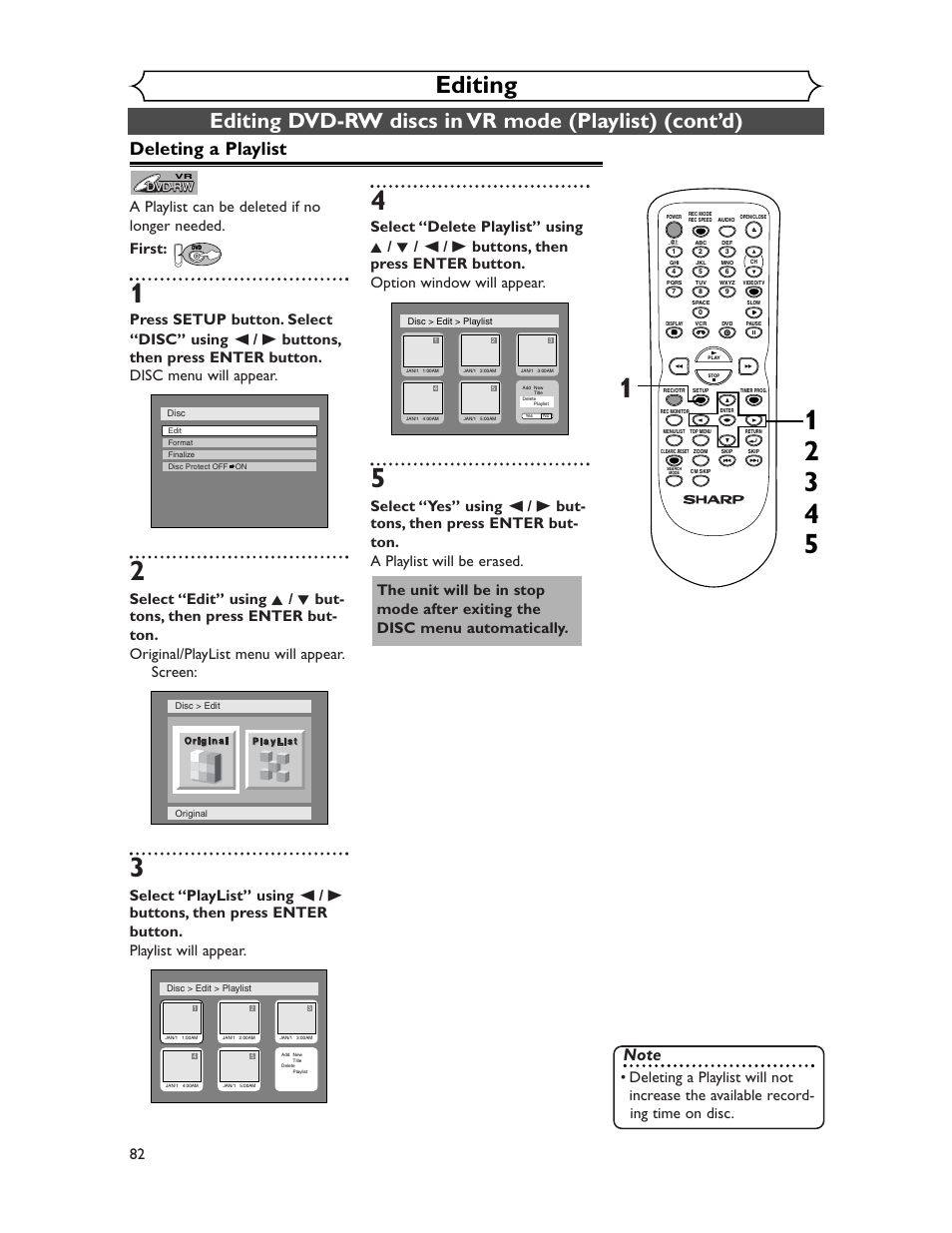 Editing, Deleting a playlist | Sharp DV-RW350U User Manual | Page 82 / 112