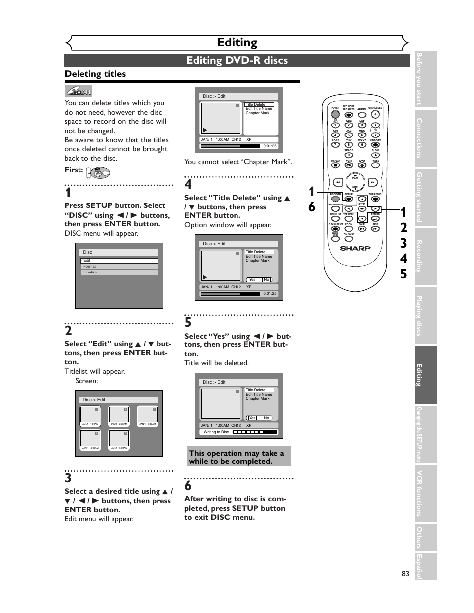 Editing, Editing dvd-r discs, Deleting titles | Sharp DV-RW350U User Manual | Page 83 / 112