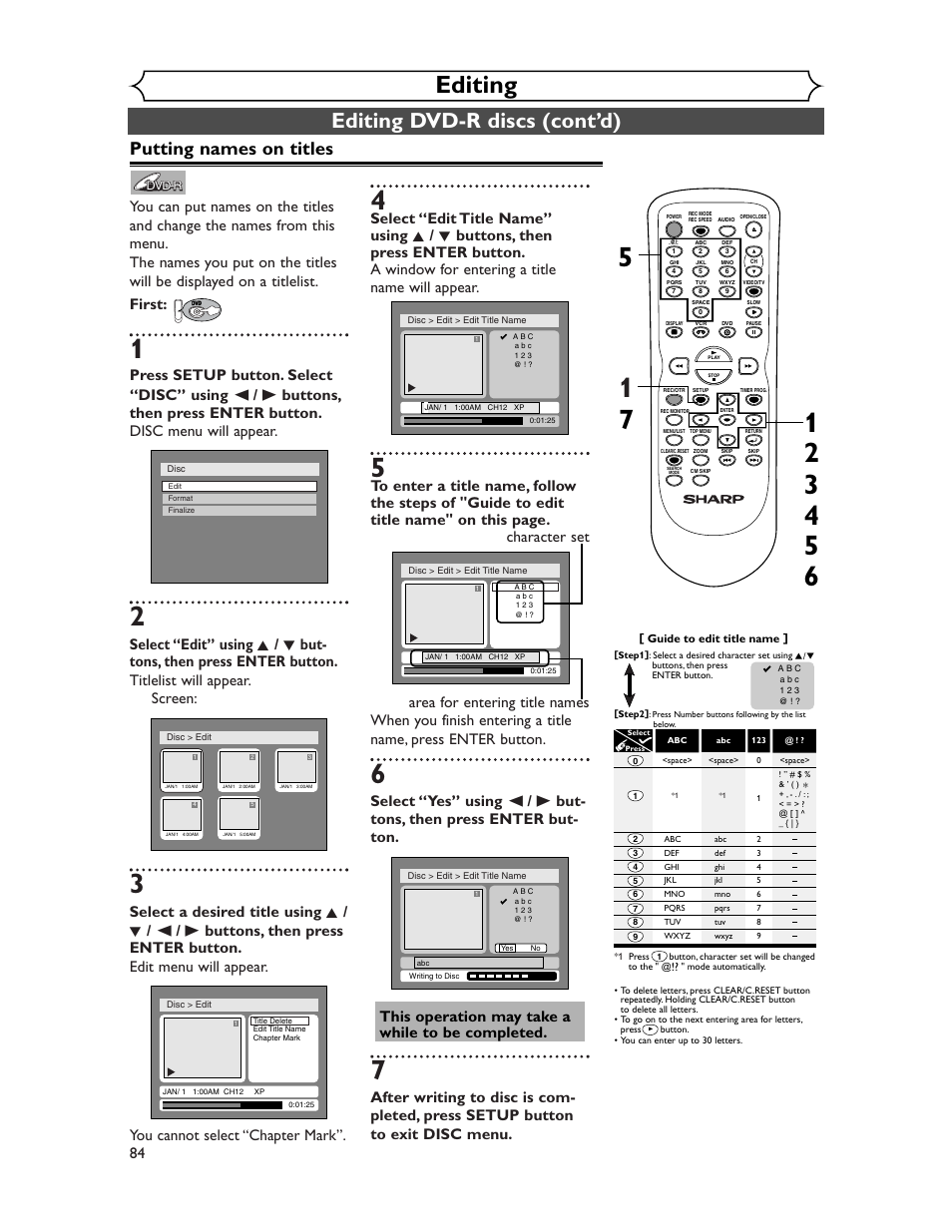 Editing, Editing dvd-r discs (cont’d), Putting names on titles | Sharp DV-RW350U User Manual | Page 84 / 112