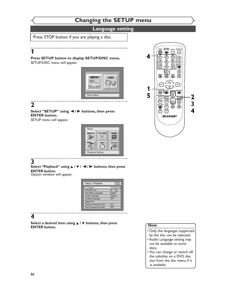 Changing the setup menu, Language setting, Press stop button if you are playing a disc | Sharp DV-RW350U User Manual | Page 86 / 112