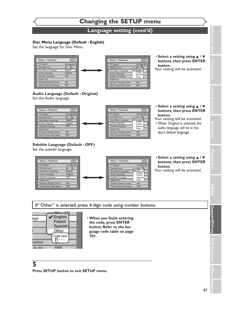 Changing the setup menu, Language setting (cont’d), Press setup button to exit setup menu | Sharp DV-RW350U User Manual | Page 87 / 112