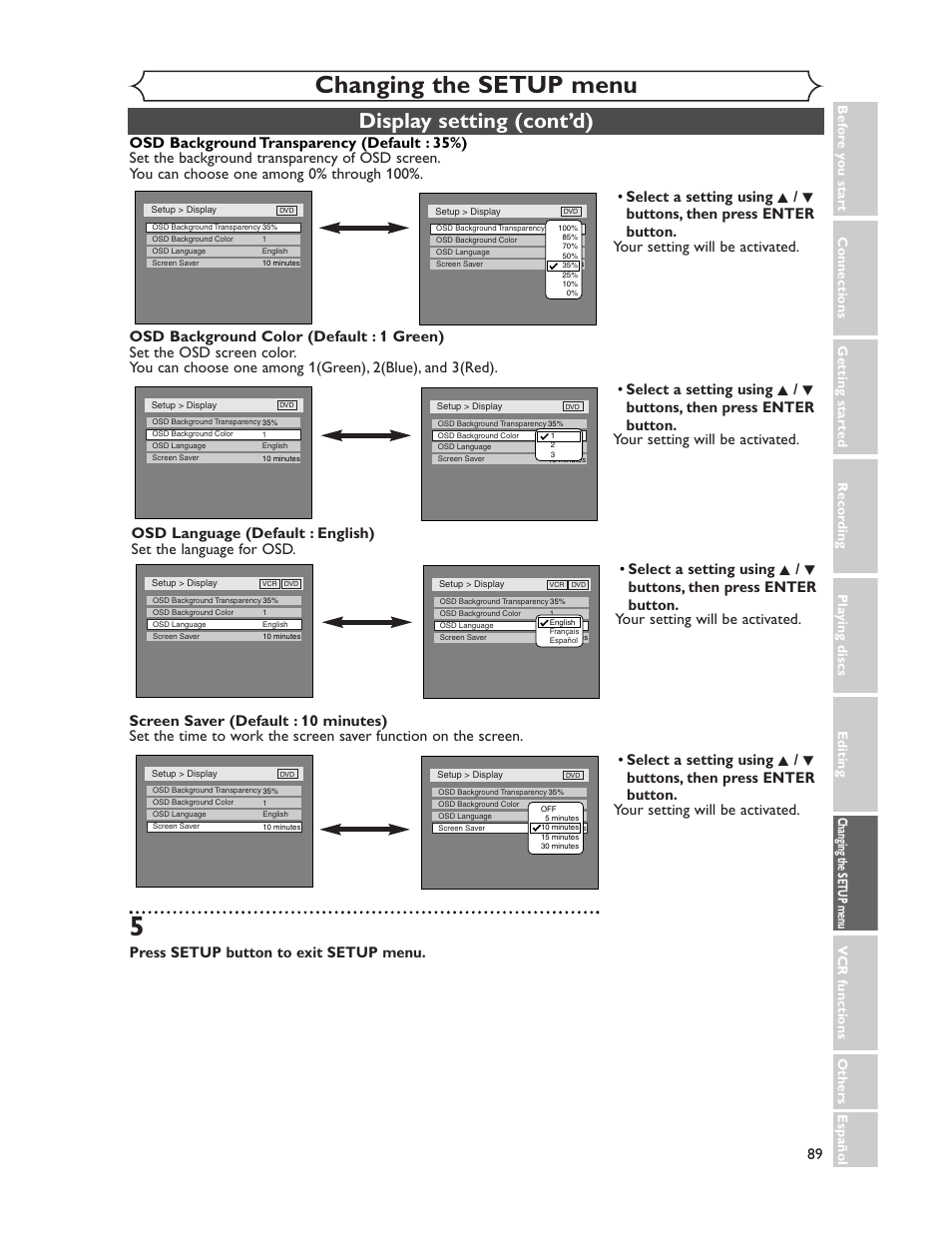 Changing the setup menu, Display setting (cont’d), Press setup button to exit setup menu | Sharp DV-RW350U User Manual | Page 89 / 112