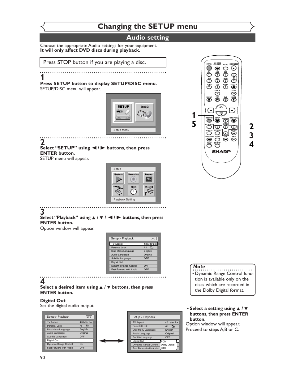 Changing the setup menu, Audio setting, Press stop button if you are playing a disc | Sharp DV-RW350U User Manual | Page 90 / 112