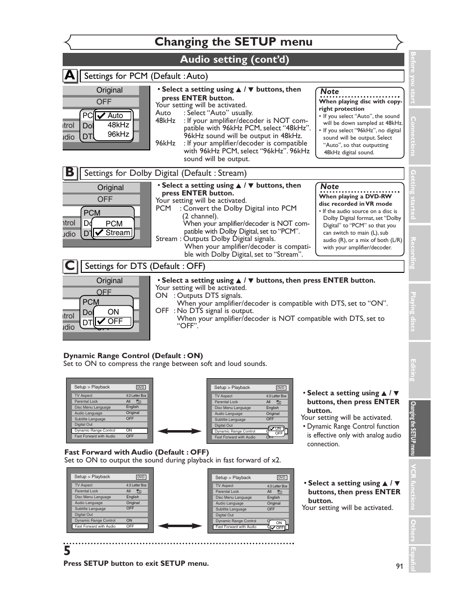 Changing the setup menu, Audio setting (cont’d), Settings for dolby digital (default : stream) | Settings for pcm (default : auto), Settings for dts (default : off) | Sharp DV-RW350U User Manual | Page 91 / 112