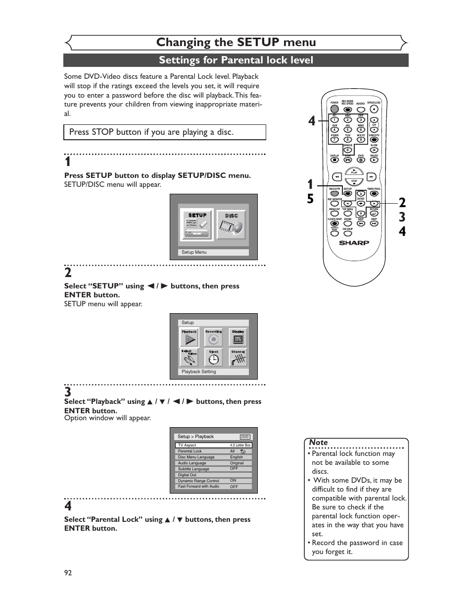 Changing the setup menu, Settings for parental lock level, Press stop button if you are playing a disc | Sharp DV-RW350U User Manual | Page 92 / 112