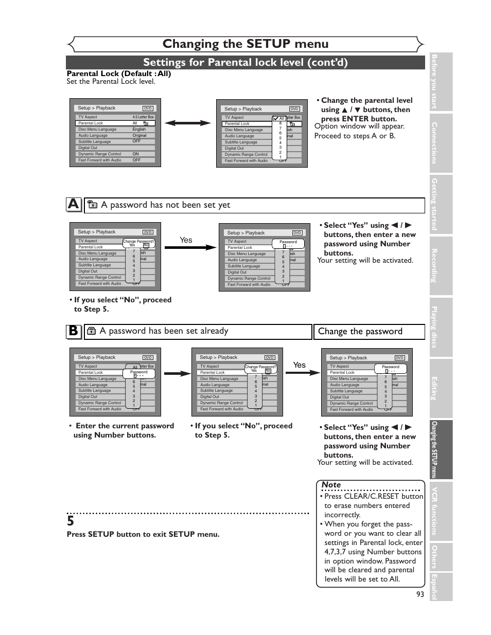 Changing the setup menu, Settings for parental lock level (cont’d), A password has been set already | Change the password, A password has not been set yet, Press setup button to exit setup menu, If you select “no”, proceed to step 5. yes yes | Sharp DV-RW350U User Manual | Page 93 / 112