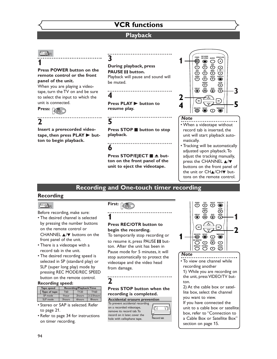 Vcr functions, Playback, Recording and one-touch timer recording | Recording, Press play b button to resume play, Press stop c button to stop playback, Press stop button when the recording is completed | Sharp DV-RW350U User Manual | Page 94 / 112