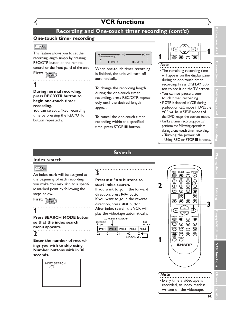 Vcr functions, Recording and one-touch timer recording (cont’d), Search | One-touch timer recording, Index search | Sharp DV-RW350U User Manual | Page 95 / 112