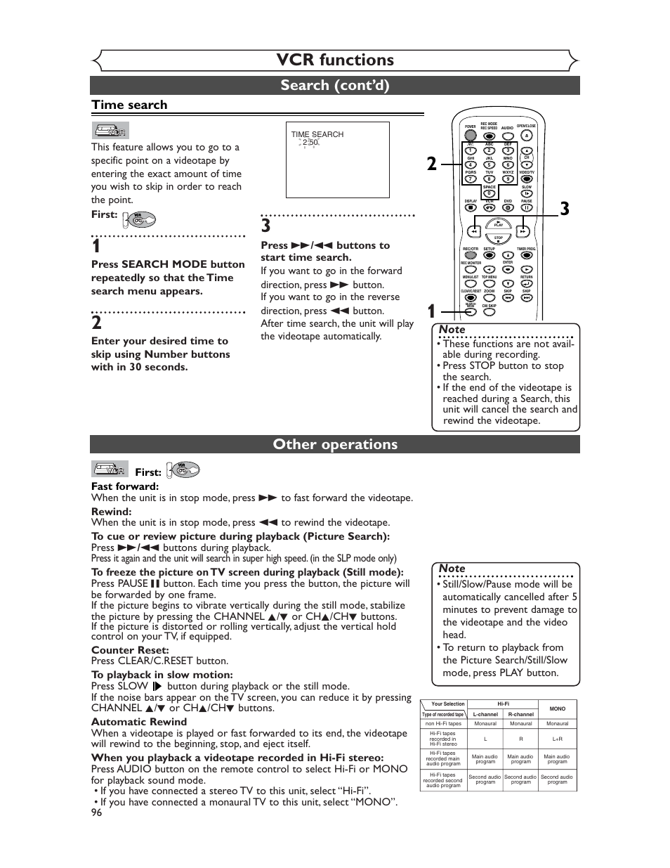 Vcr functions, Other operations, Search (cont’d) | Time search | Sharp DV-RW350U User Manual | Page 96 / 112