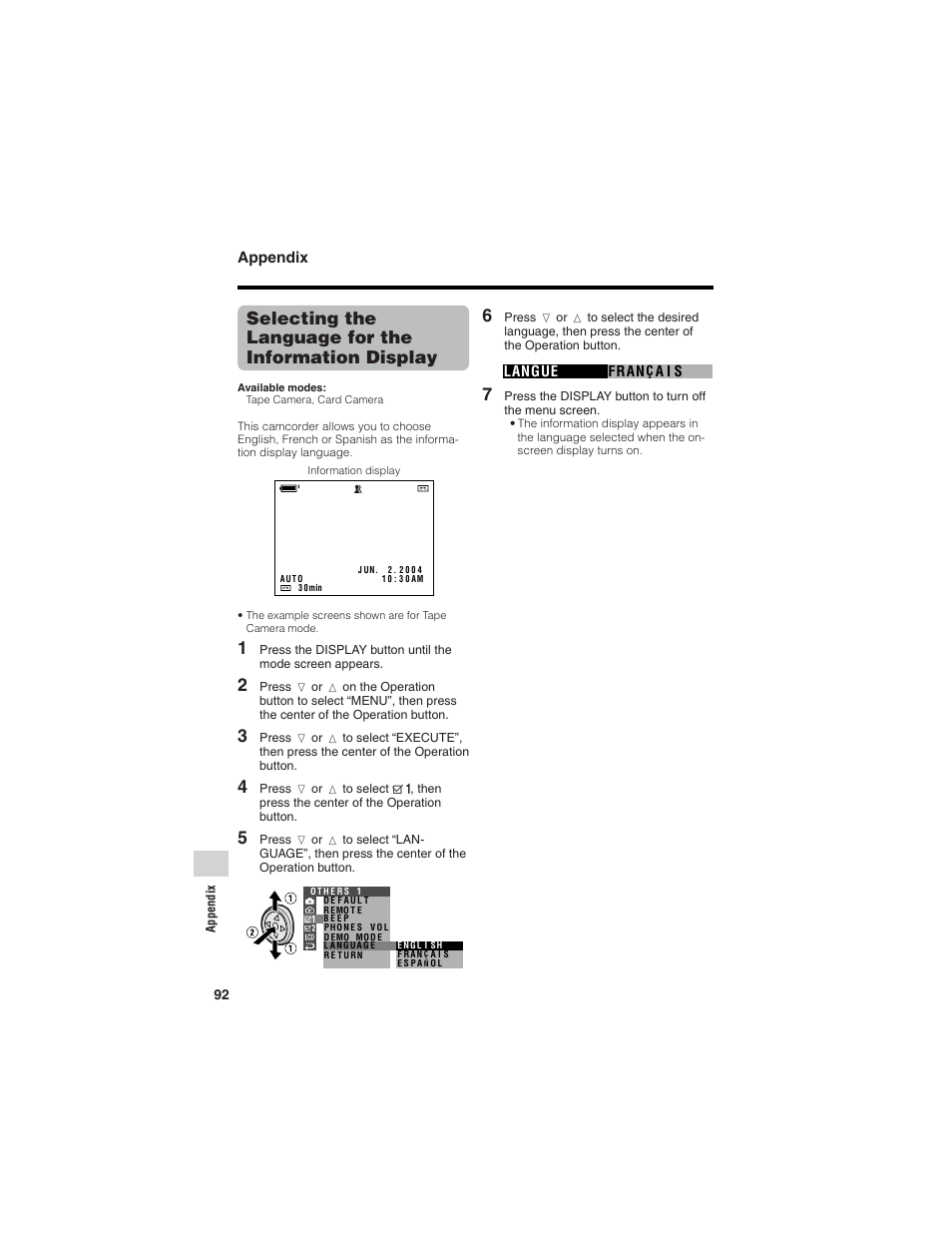 Selecting the language for the information display, Appendix | Sharp VL-Z7U User Manual | Page 106 / 140