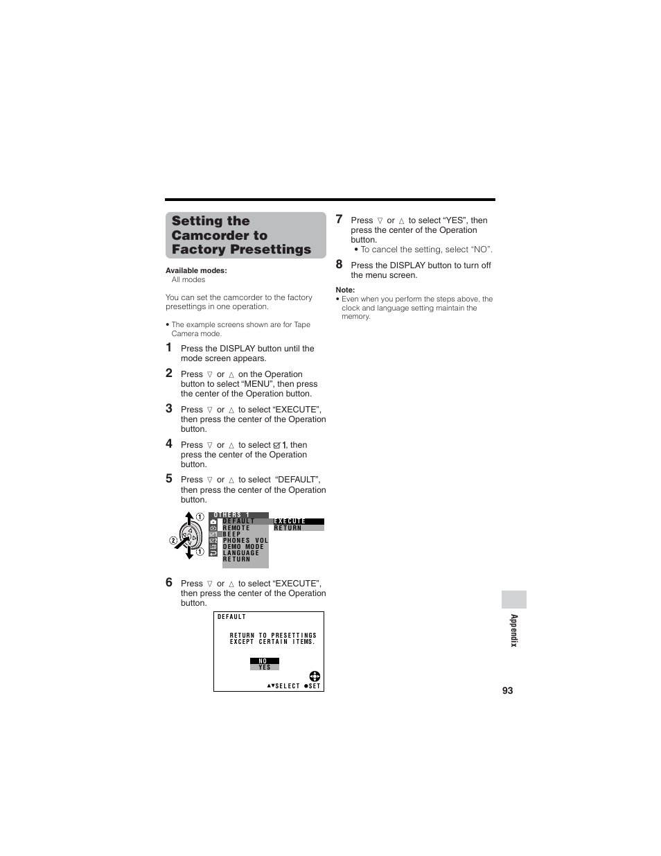 Setting the camcorder to factory presettings | Sharp VL-Z7U User Manual | Page 107 / 140