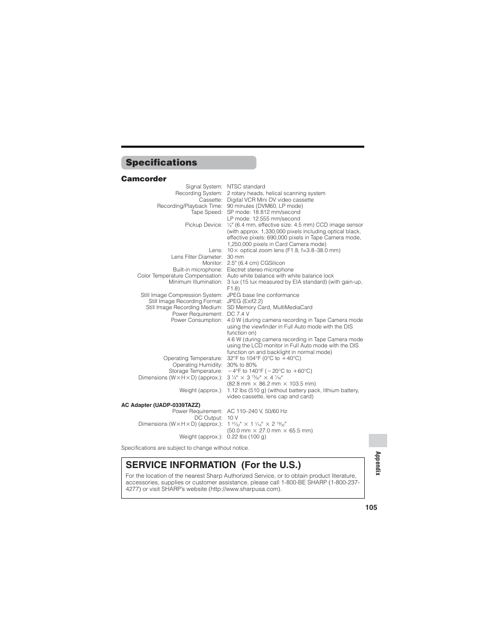 Service information (for the u.s.), Specifications, Camcorder | Sharp VL-Z7U User Manual | Page 119 / 140