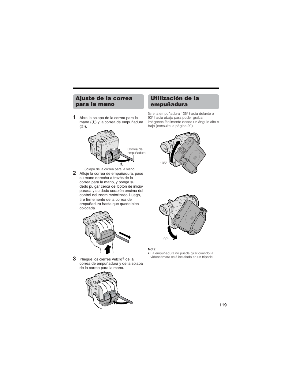 Ajuste de la correa para la mano 1, Utilización de la empuñadura | Sharp VL-Z7U User Manual | Page 133 / 140