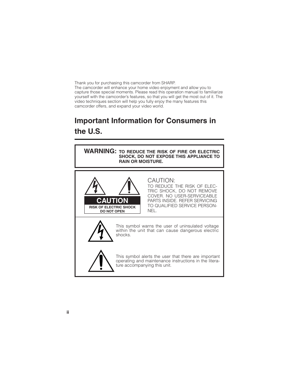 Important information for consumers in the u.s, Caution, Warning | Sharp VL-Z7U User Manual | Page 2 / 140