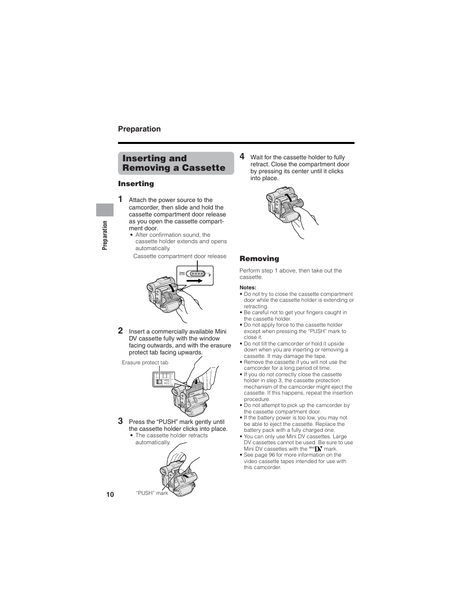 Inserting and removing a cassette, Preparation | Sharp VL-Z7U User Manual | Page 24 / 140