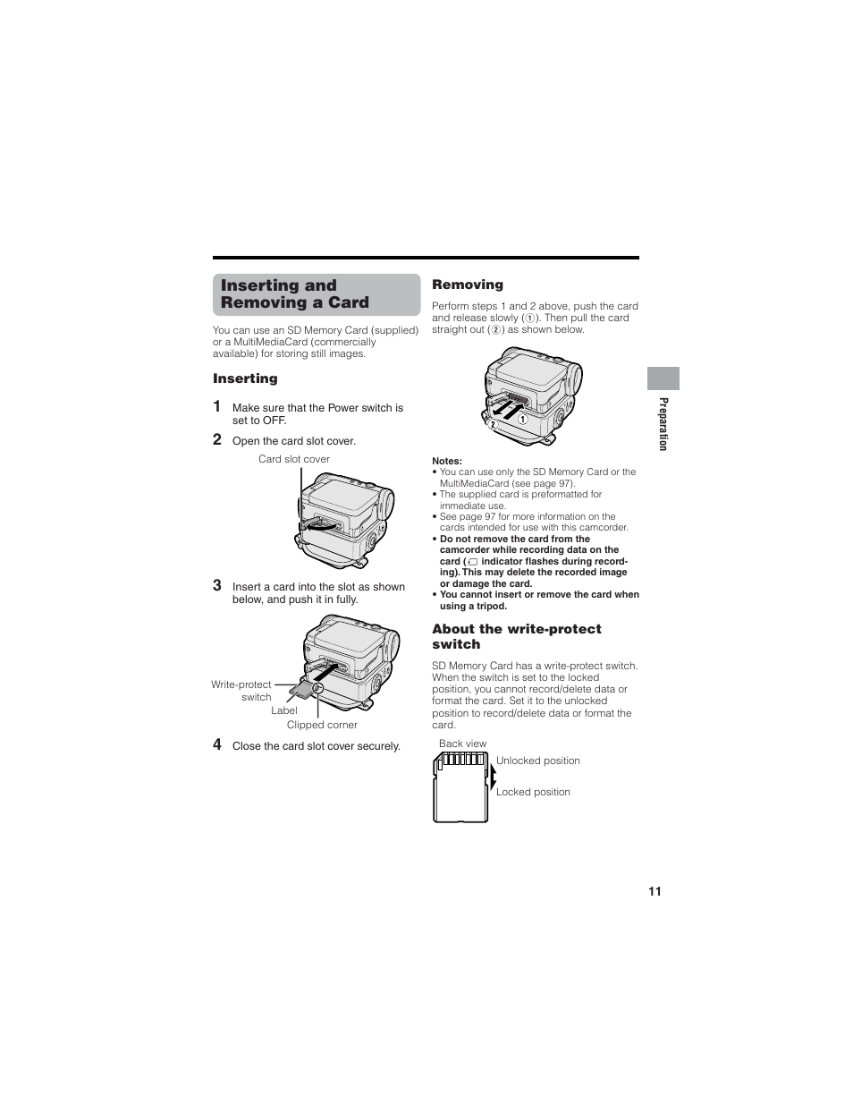 Inserting and removing a card | Sharp VL-Z7U User Manual | Page 25 / 140