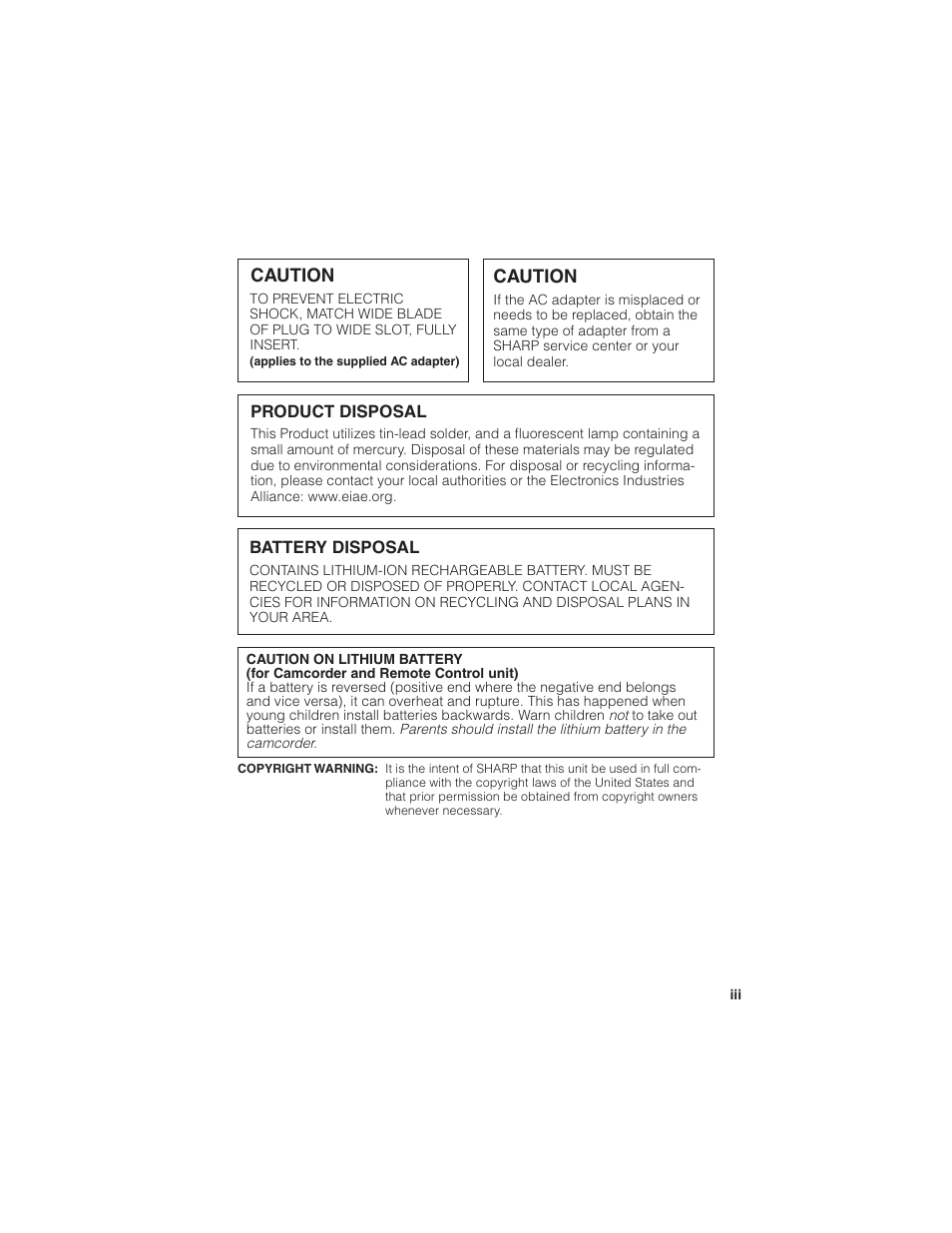 Caution | Sharp VL-Z7U User Manual | Page 3 / 140