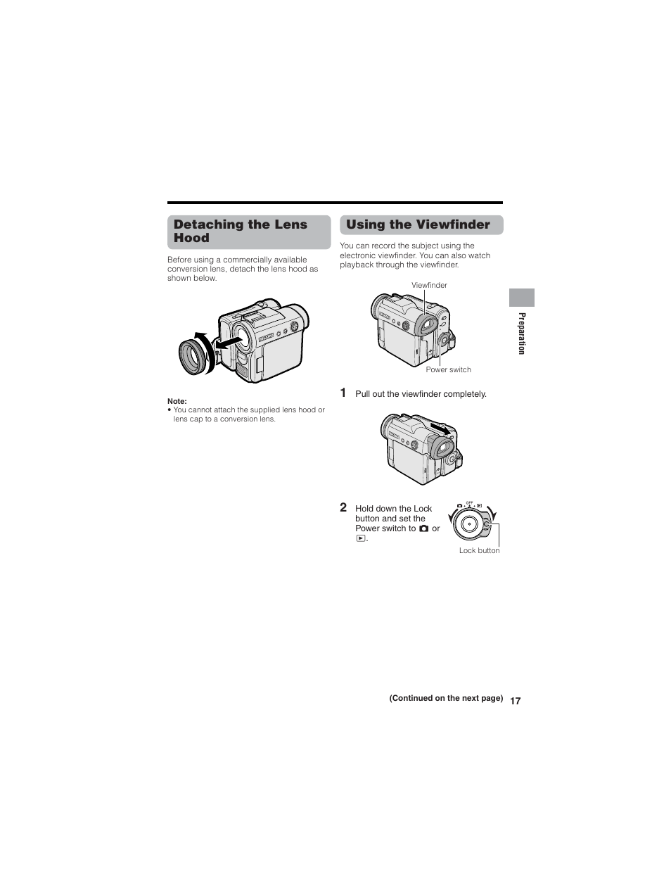 Using the viewfinder, Detaching the lens hood | Sharp VL-Z7U User Manual | Page 31 / 140