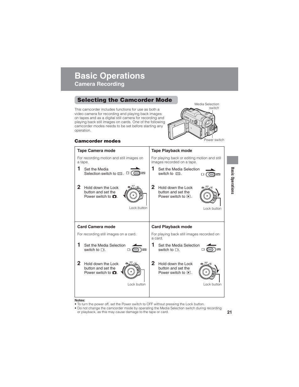 Basic operations, Camera recording selecting the camcorder mode | Sharp VL-Z7U User Manual | Page 35 / 140