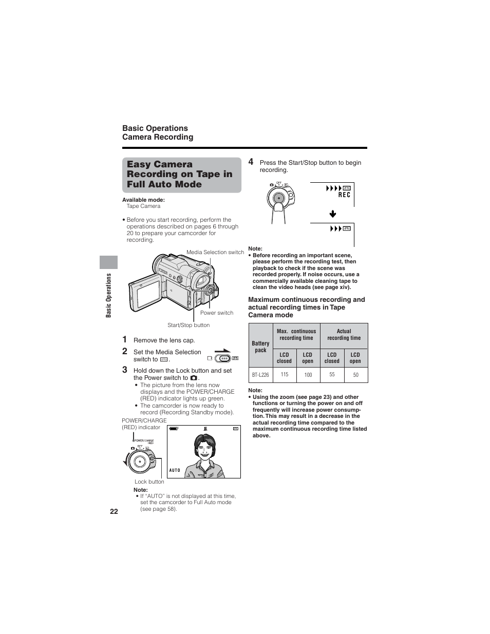 Easy camera recording on tape in full auto mode, Basic operations camera recording | Sharp VL-Z7U User Manual | Page 36 / 140